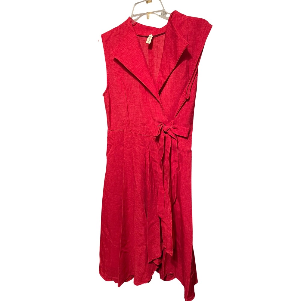 SongDai Women's Red Sleeveless‎ Collared Wrap Dress Midi Tie Waist
